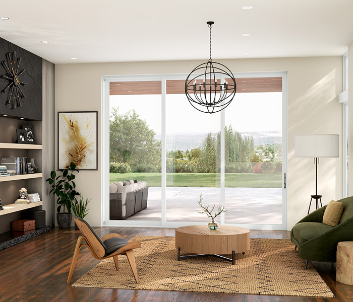 beautiful living room with large glass patio doors