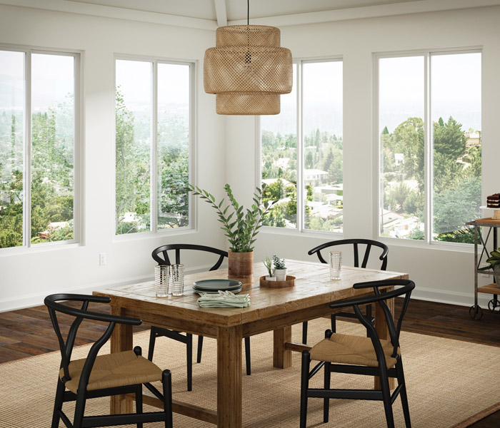 dining room with tall windows